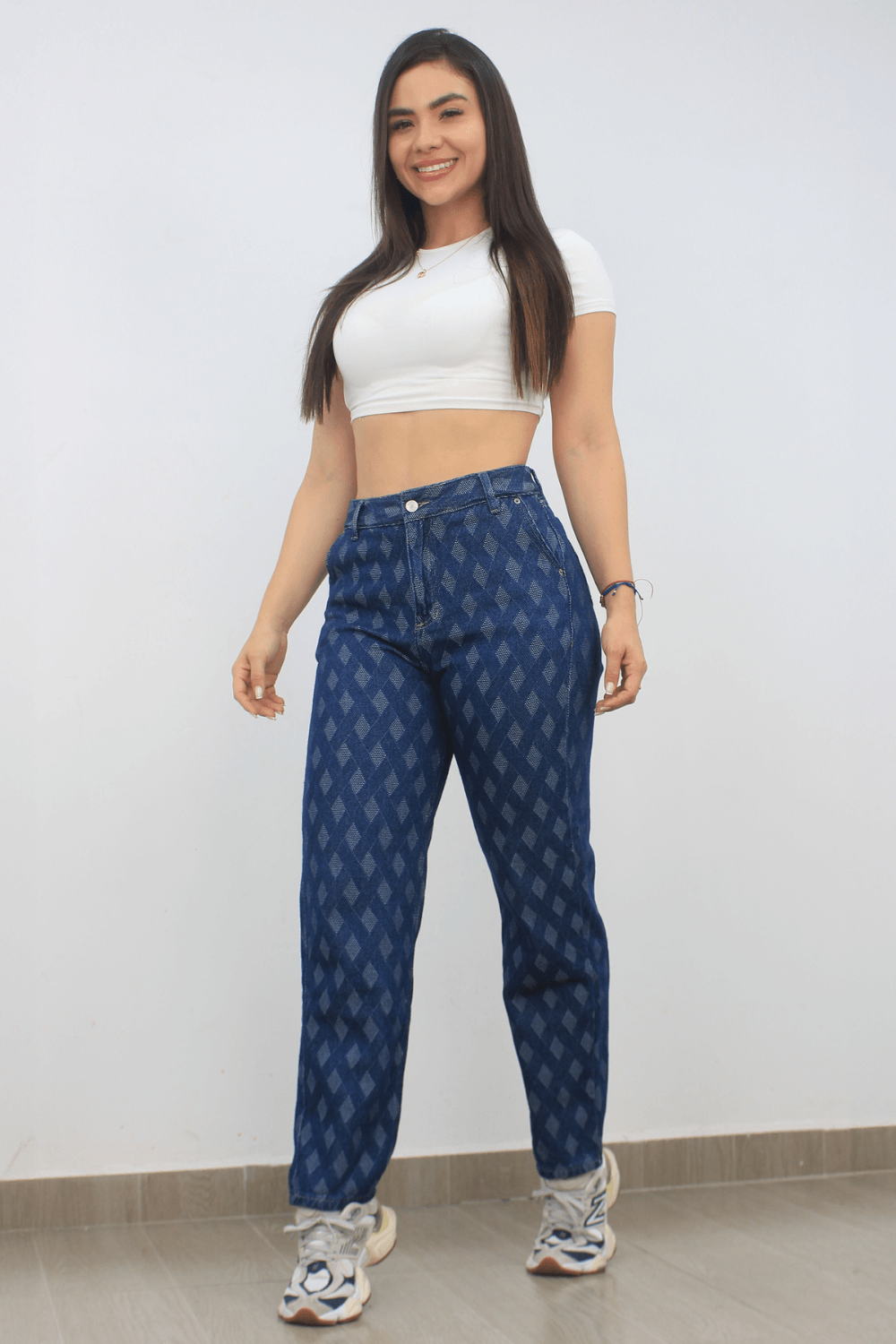 JEAN BOYFRIEND JACQUARD ROMBOS 1 BOTON TIRO ALTO REF - 7384