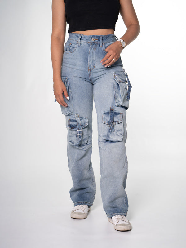 JEANS CARGO AZUL CLARO  1 BOTON TIRO ALTO REF-7373