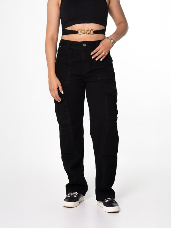 JEANS SUPER CARGO NEGRO  1 BOTON TIRO ALTO REF-7395