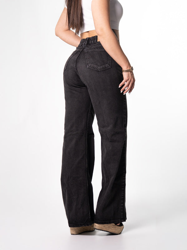 JEANS WIDE LEG NEGRO 1 BOTON TIRO ALTO REF-7397